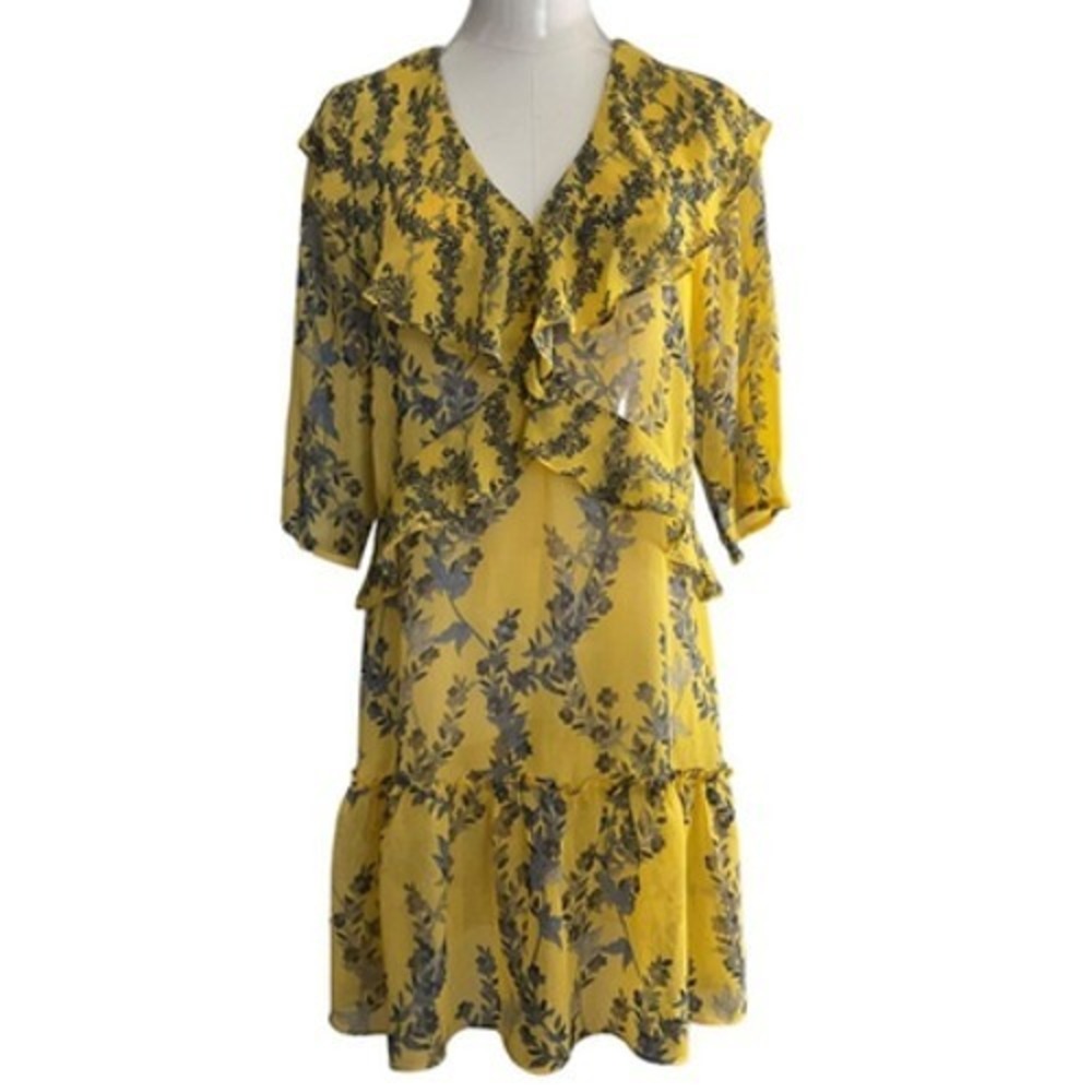 BCBGMAXAZRIA Yellow Gray Floral Ruffle Tiered V-Neck Midi Dress XXS - Picture 2 of 13